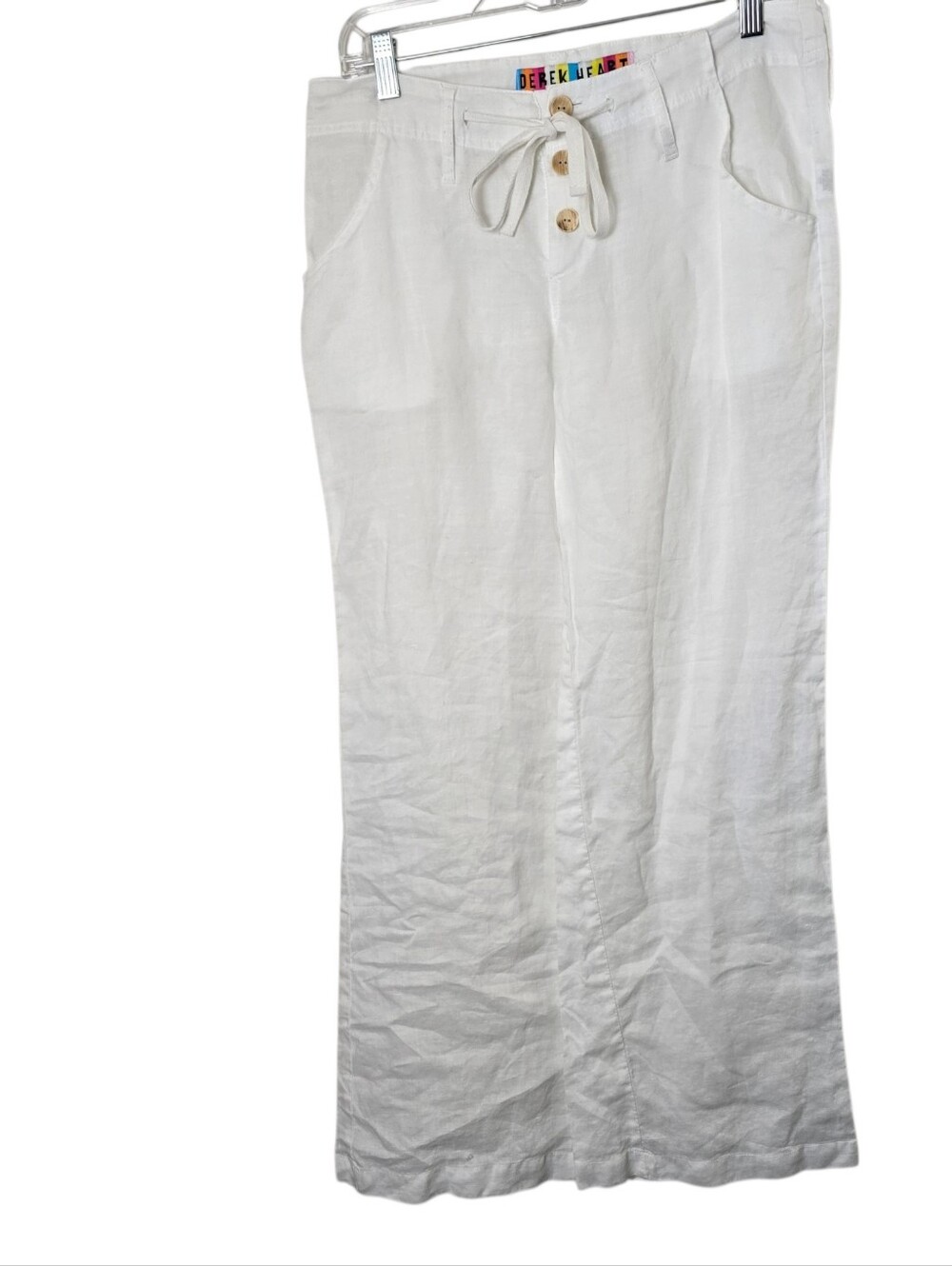Derek Heart White Linen Blend Wide Leg Pants Relaxed Beach Drawstring Button 8 - Picture 4 of 16